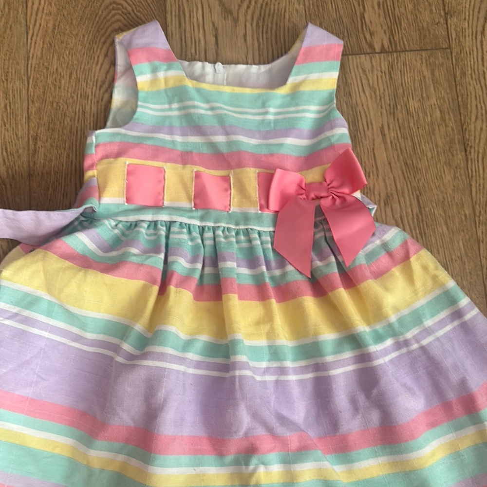 Colorful Striped Kids Dress with Pink Bow